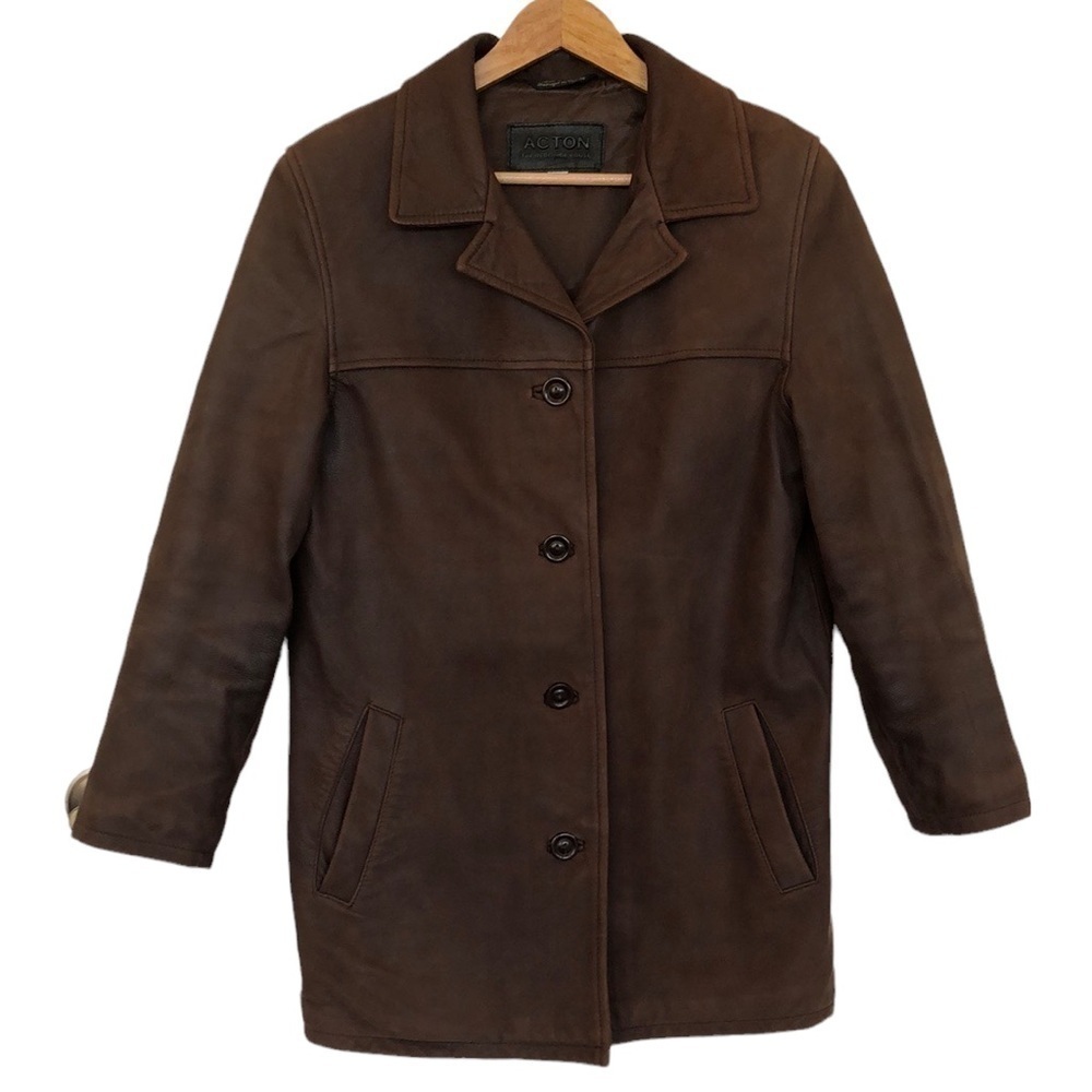 LEATHER jacket chocolate brown fully lined. 3/4 length with pockets